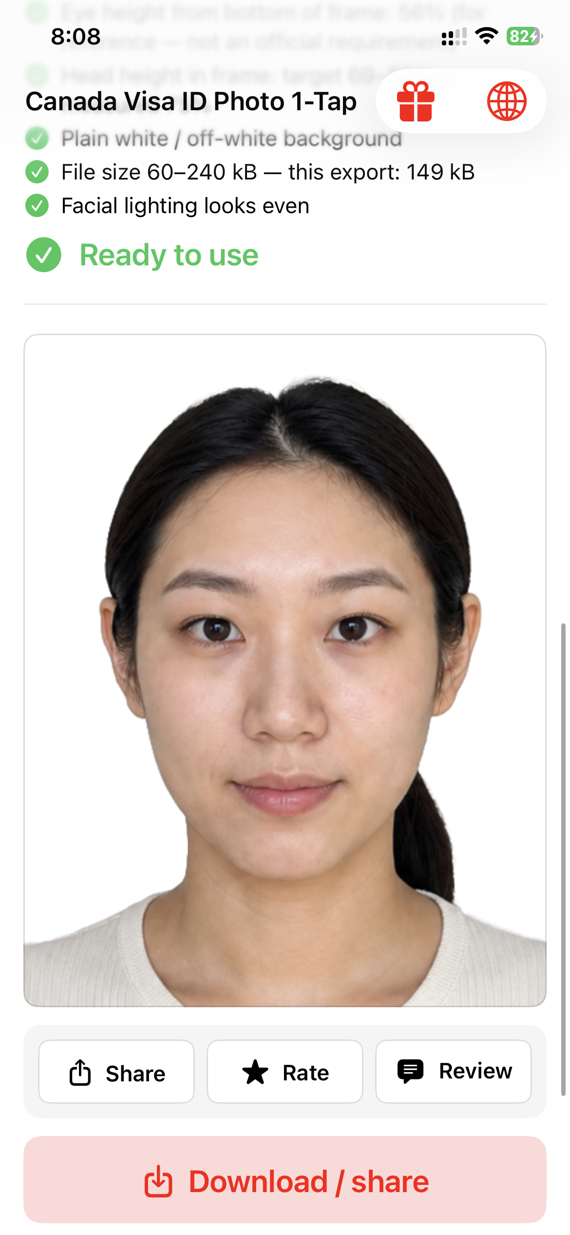 The same photo in the Canada Visa ID Photo 1-Tap app: background removed, cropped, compliance checklist passed, marked Ready to use