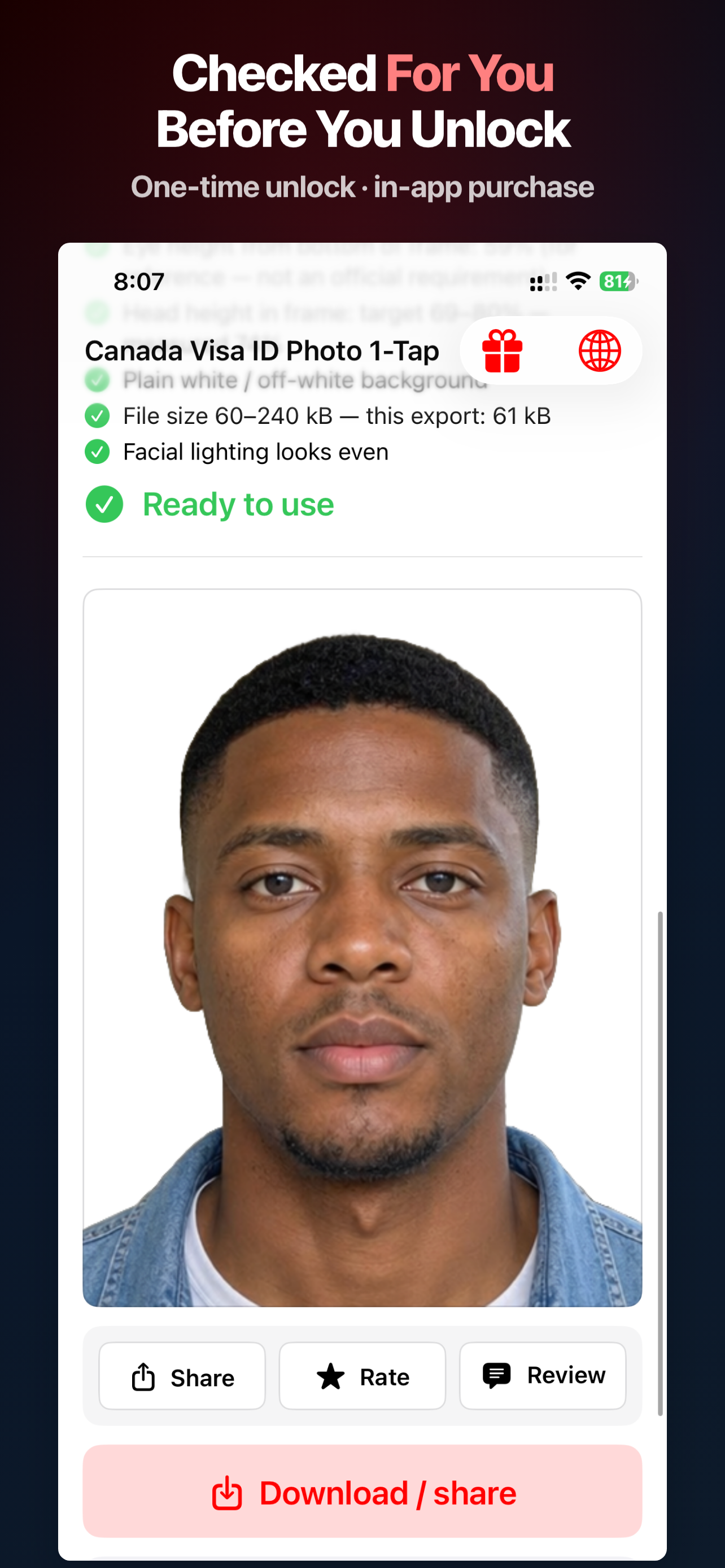 Canada Visa Photo App Store screen showing the IRCC export checklist before unlock
