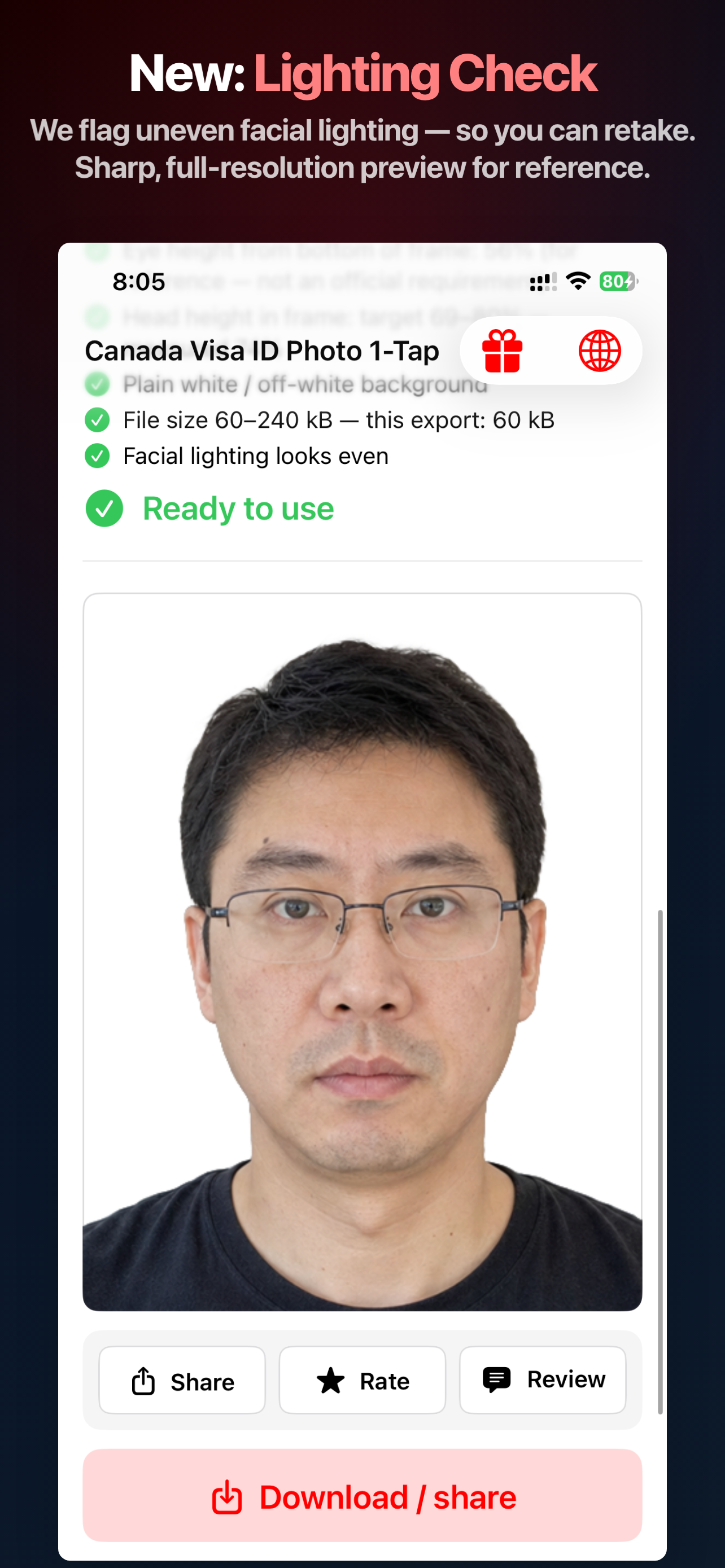 Canada Visa Photo App Store screen showing the lighting check before export
